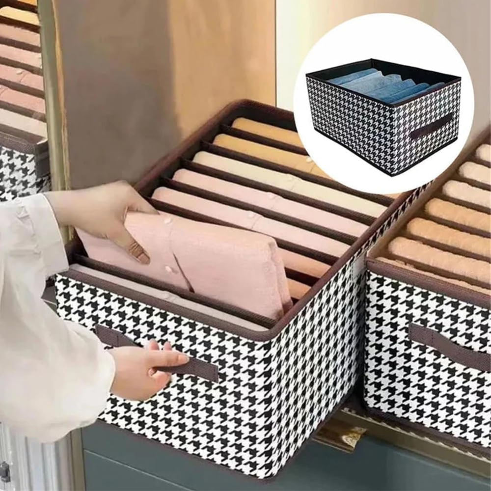 Кутия за съхранение на дрехи, с отделения, затварящ се капак, текстилен материал