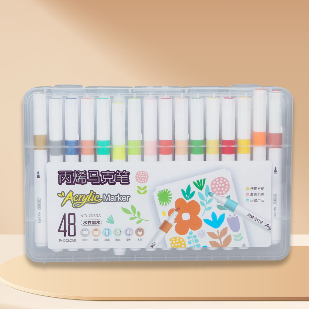 Комплект от 48 акрилни маркера, връх 0,7 мм, наситени цветове, за различни повърхности, бързосъхнещи, лесни за почистване