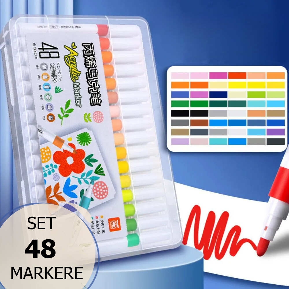 Комплект от 48 акрилни маркера, връх 0,7 мм, наситени цветове, за различни повърхности, бързосъхнещи, лесни за почистване