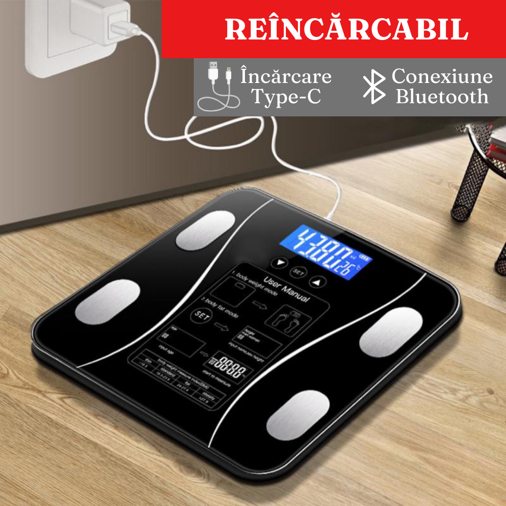 Умна везна за тяло, с приложение, USB зареждане, съхранение на данни, 180 кг