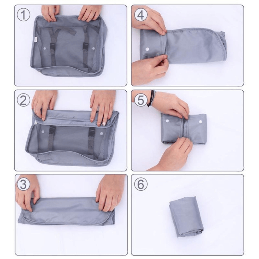 Set of 8 Luggage Organizers, Shoe Bag, Makeup Bag, Waterproof Material, Zipper Closure, for Travel, Gray, Cream