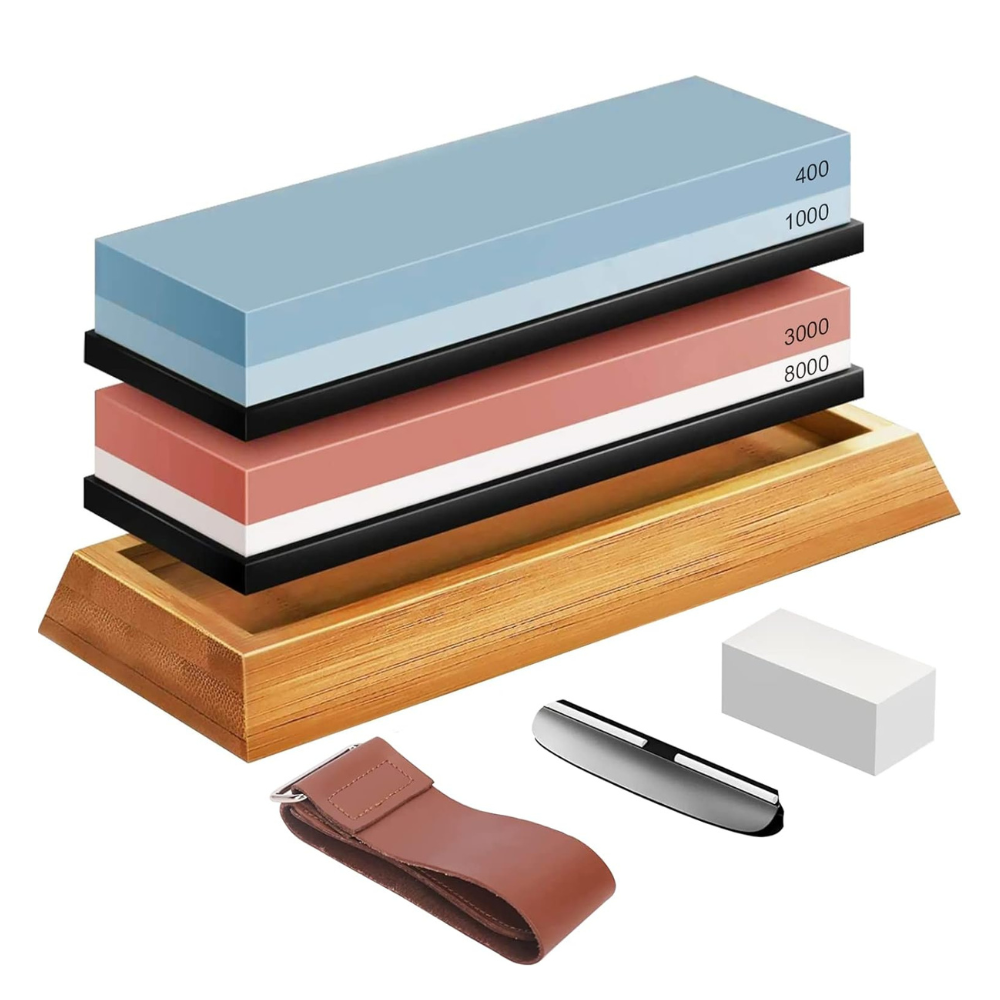 Set Pietre Ascutit Cutite, Unelte, 4 Granulatii, Piele Lustruire, Suport Bambus