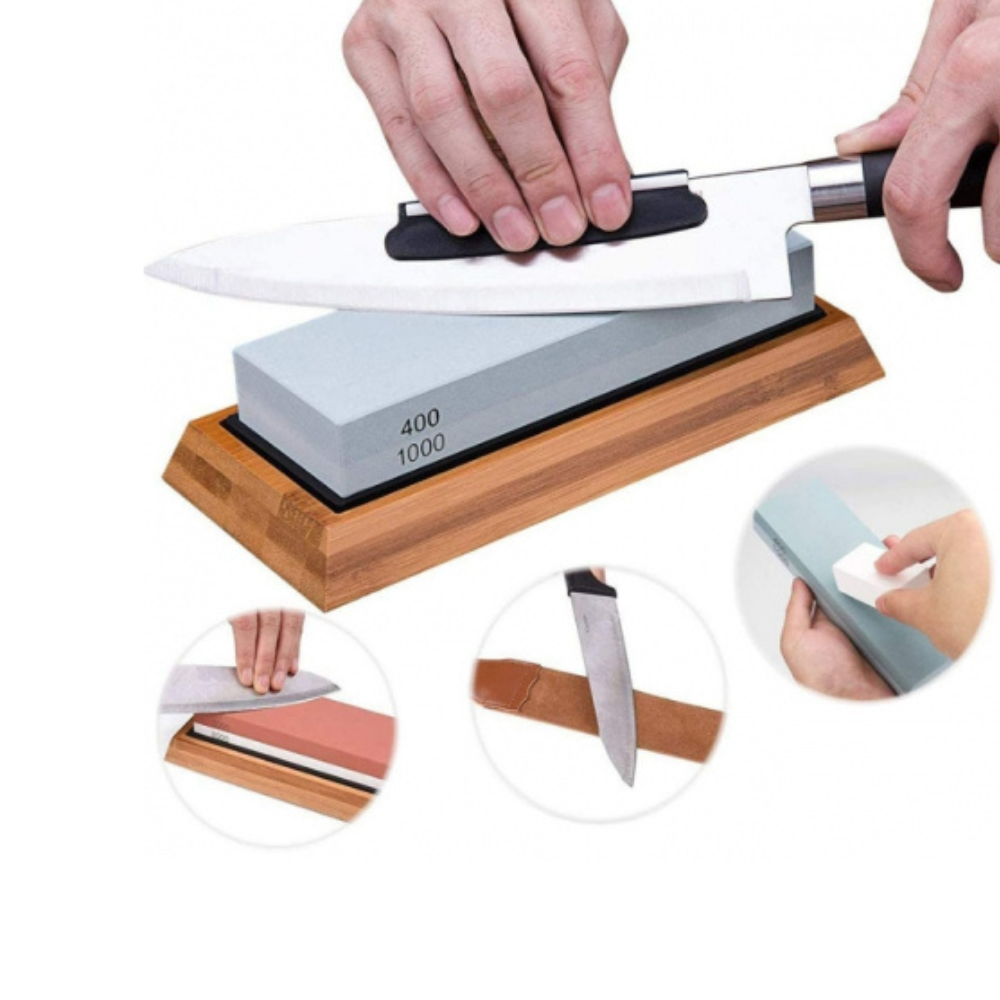 Set Pietre Ascutit Cutite, Unelte, 4 Granulatii, Piele Lustruire, Suport Bambus