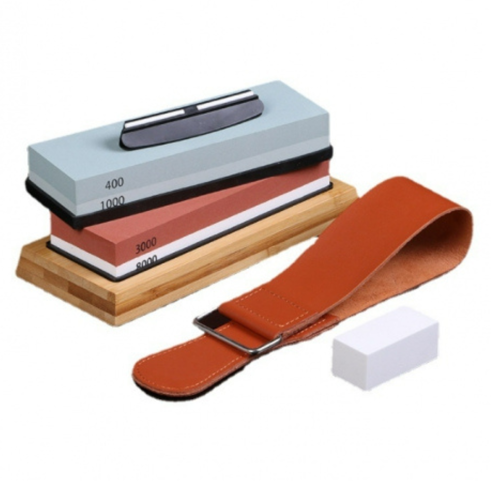 Set Pietre Ascutit Cutite, Unelte, 4 Granulatii, Piele Lustruire, Suport Bambus