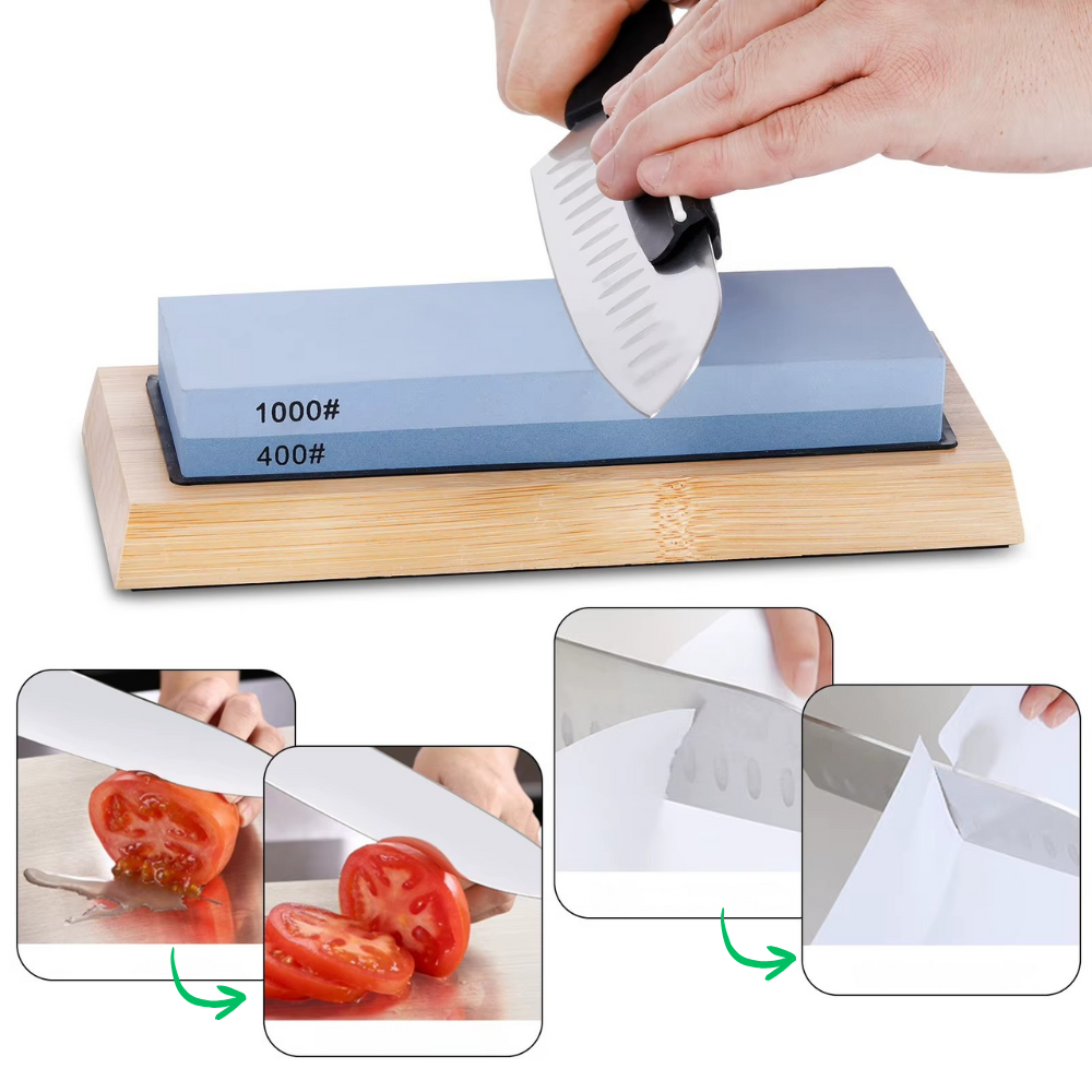 Set Pietre Ascutit Cutite, Unelte, 4 Granulatii, Piele Lustruire, Suport Bambus