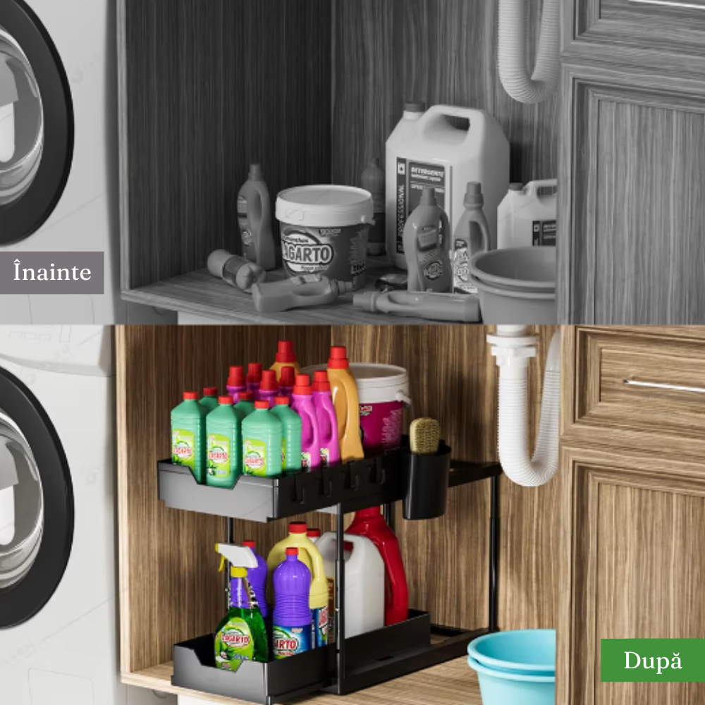 2-Tier Retractable Organizer Shelf, Fits Under Sink, Kitchen, Bathroom, Hooks Included, Plastic