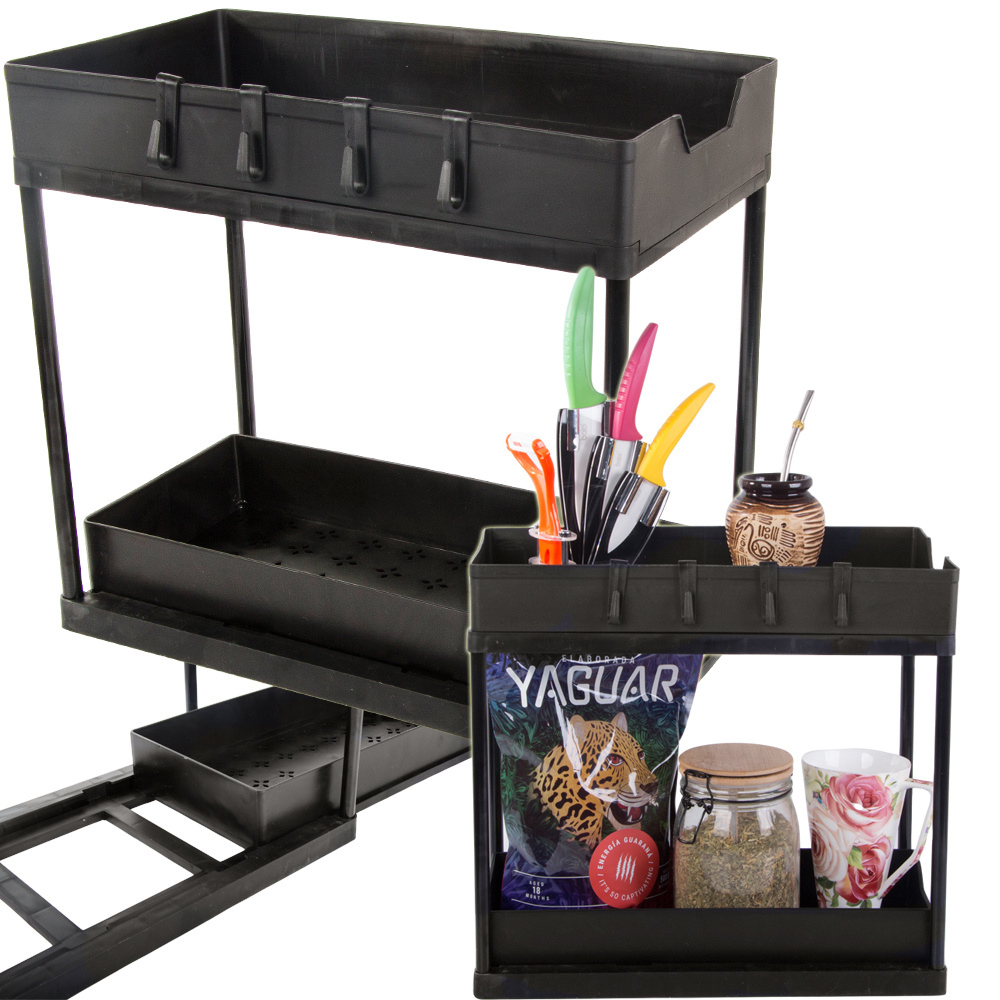 2-Tier Retractable Organizer Shelf, Fits Under Sink, Kitchen, Bathroom, Hooks Included, Plastic
