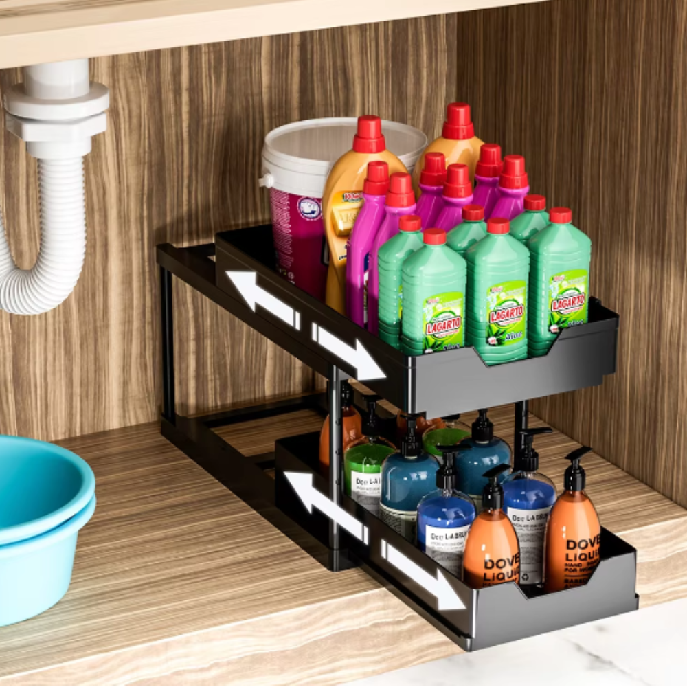 2-Tier Retractable Organizer Shelf, Fits Under Sink, Kitchen, Bathroom, Hooks Included, Plastic