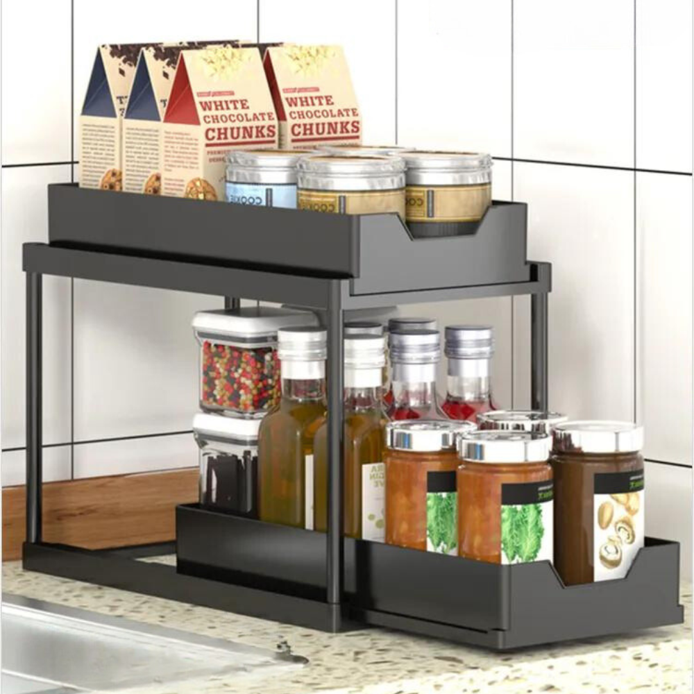 2-Tier Retractable Organizer Shelf, Fits Under Sink, Kitchen, Bathroom, Hooks Included, Plastic