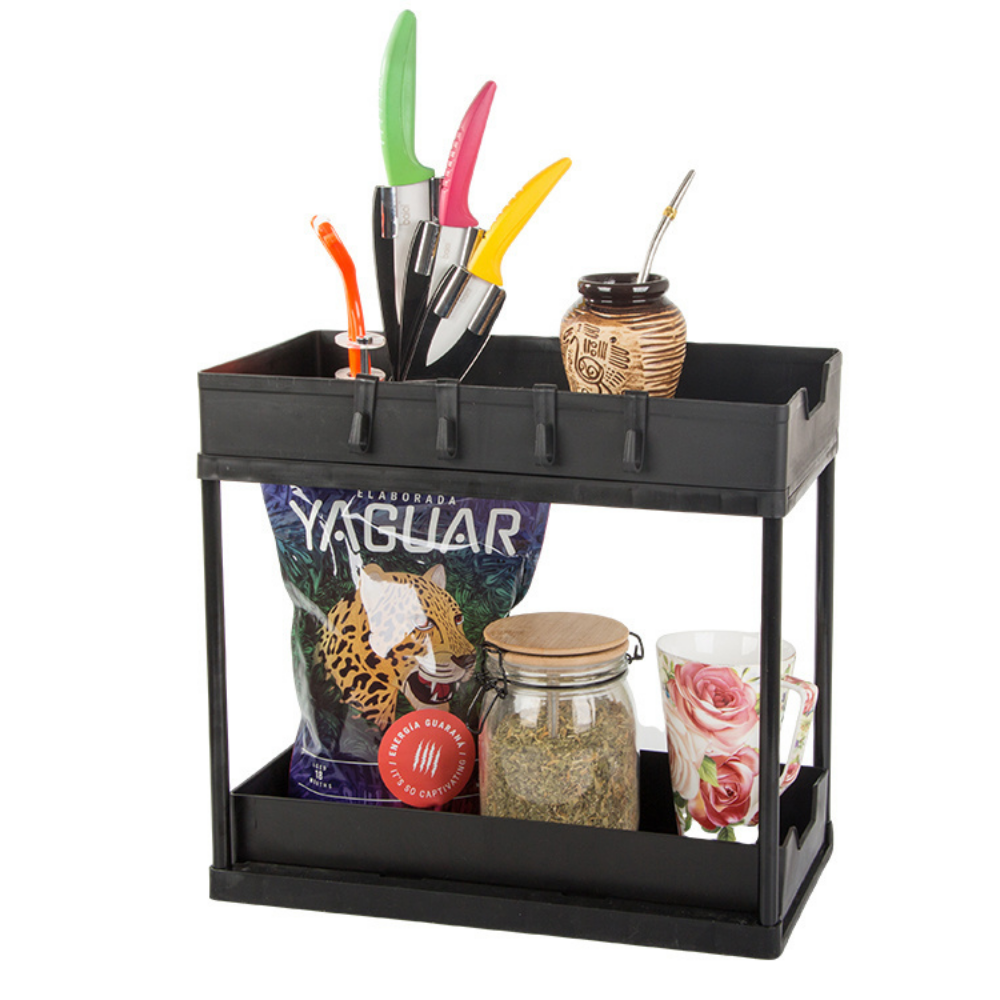 2-Tier Retractable Organizer Shelf, Fits Under Sink, Kitchen, Bathroom, Hooks Included, Plastic