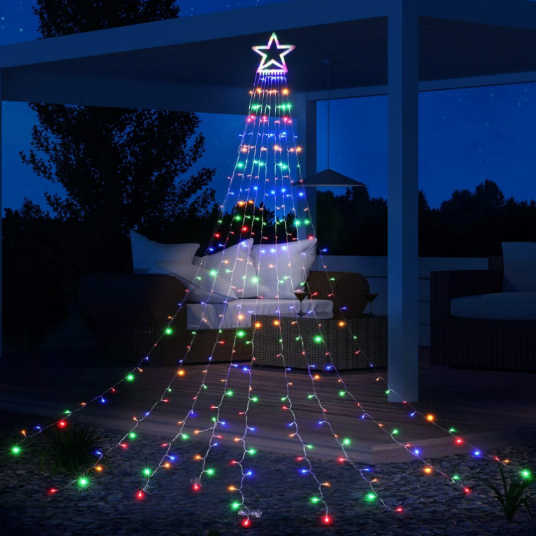 Instalatie de Craciun, Tip Perdea Brad, Lungime 185cm, 350 LED-uri, Incarcare Solara, pentru Exterior, Multicolora
