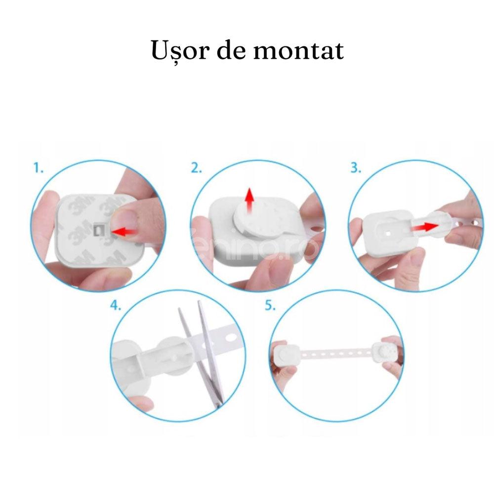 Комплект от 6 детски предпазни решетки, за шкаф, чекмедже, заключващо колело, регулируема дължина, лепило за закрепване, бяло