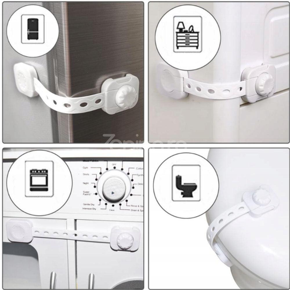 Комплект от 6 детски предпазни решетки, за шкаф, чекмедже, заключващо колело, регулируема дължина, лепило за закрепване, бяло