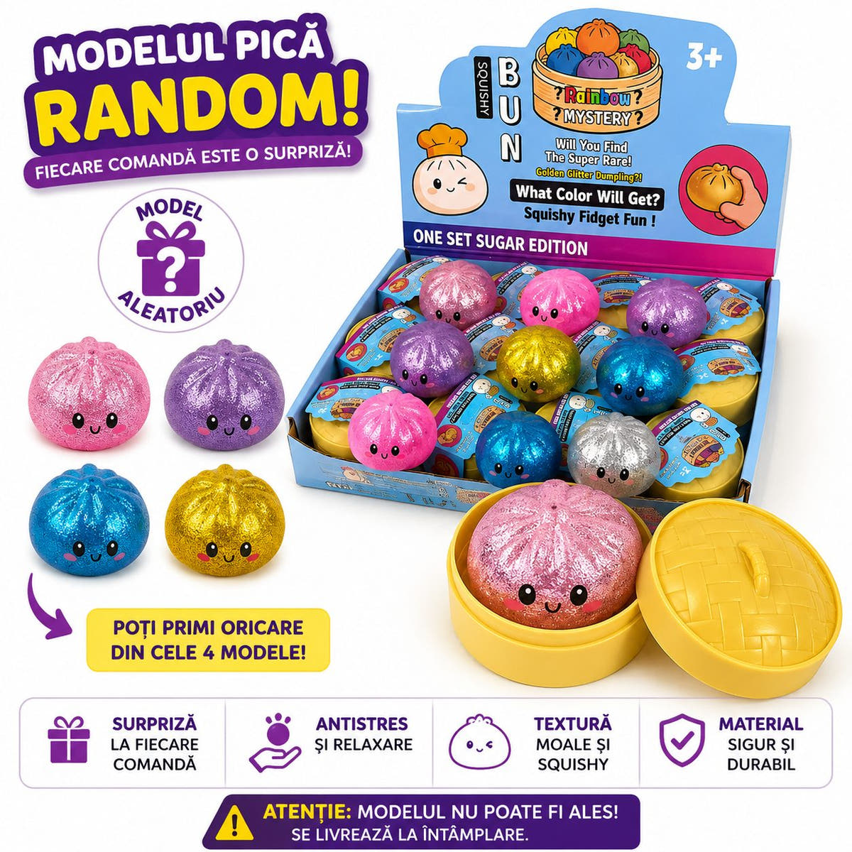 Jucarie Squishy Dumpling, Model cu Sclipici, Antistres Senzoriala, 5.5cm, Culoare Mix Surpriza