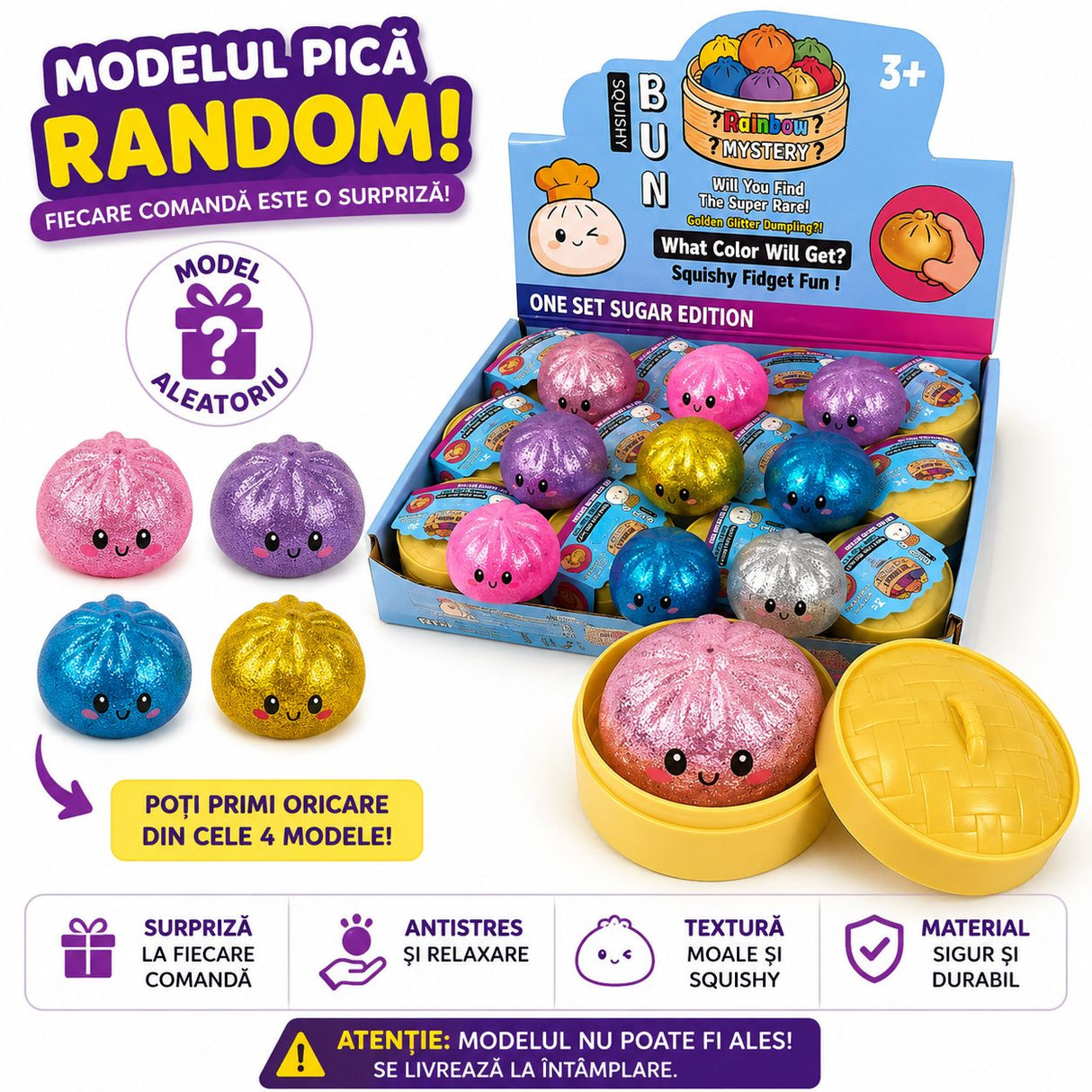Jucarie Squishy Dumpling Needoh, Model cu Sclipici, Antistres Senzoriala, 5.5cm, Culoare Mix Surpriza