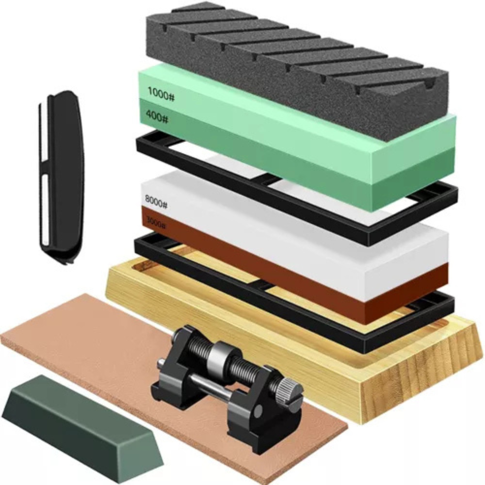Комплект камъни за заточване на ножове, инструменти, 5 зърна, полиране на кожа, бамбукова стойка