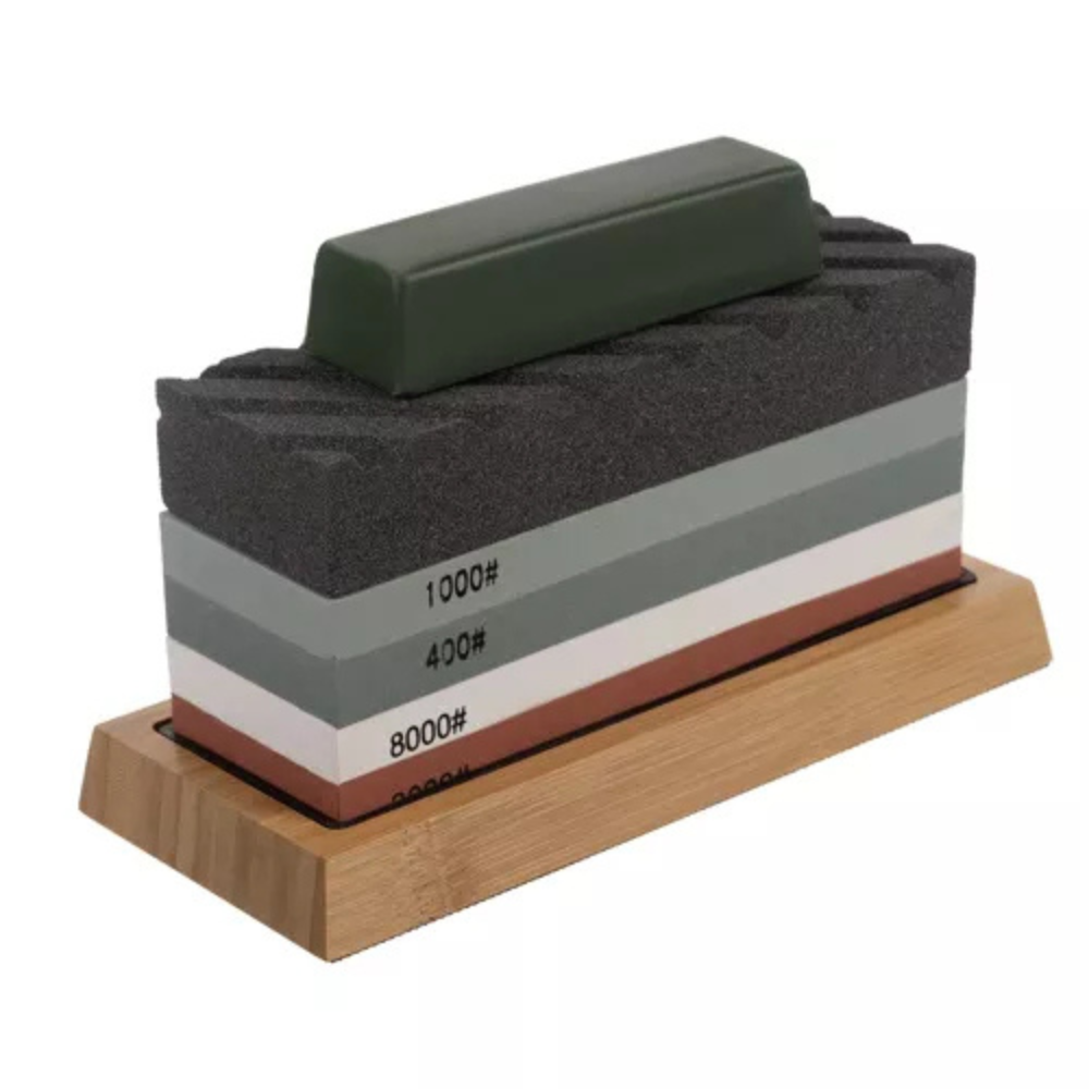 Комплект камъни за заточване на ножове, инструменти, 5 зърна, полиране на кожа, бамбукова стойка
