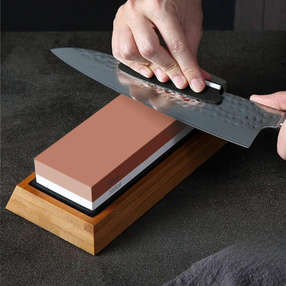 Комплект камъни за заточване на ножове, инструменти, 5 зърна, полиране на кожа, бамбукова стойка
