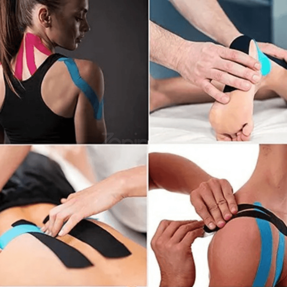 Kinesiology Tape, for Muscle Stretches, Joint Pain, Waterproof, Cotton, Hypoallergenic Adhesive Layer, 5cm x 5m, Beige, Black, Blue