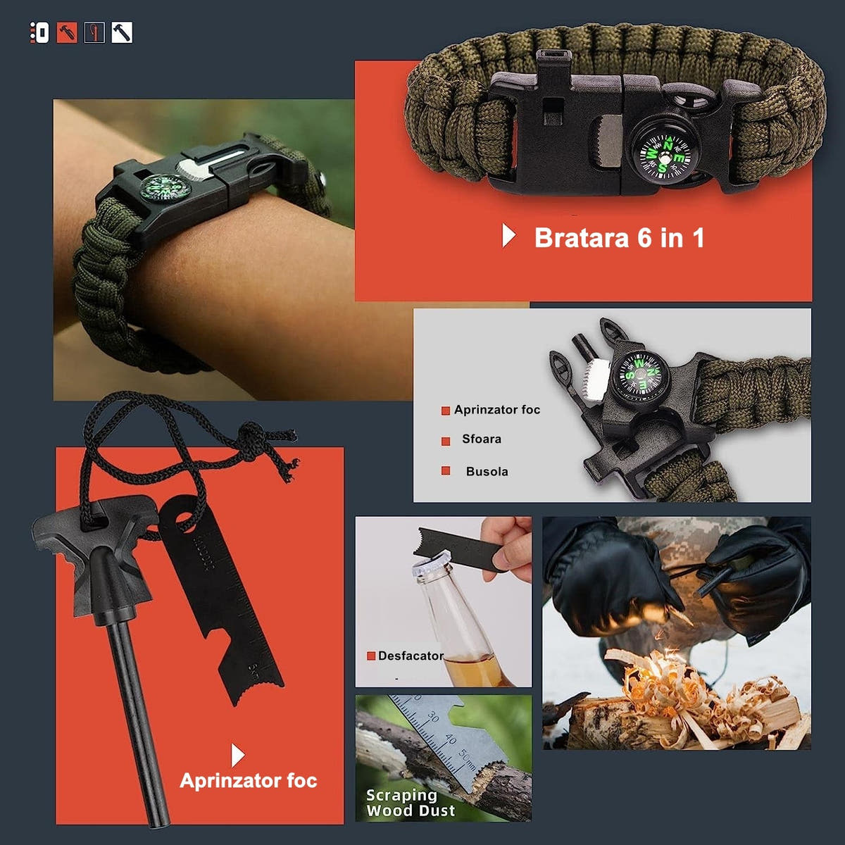 Kit Supravietuire 16in1, Instrumente Multifunctionale, Lanterna, Model Compact