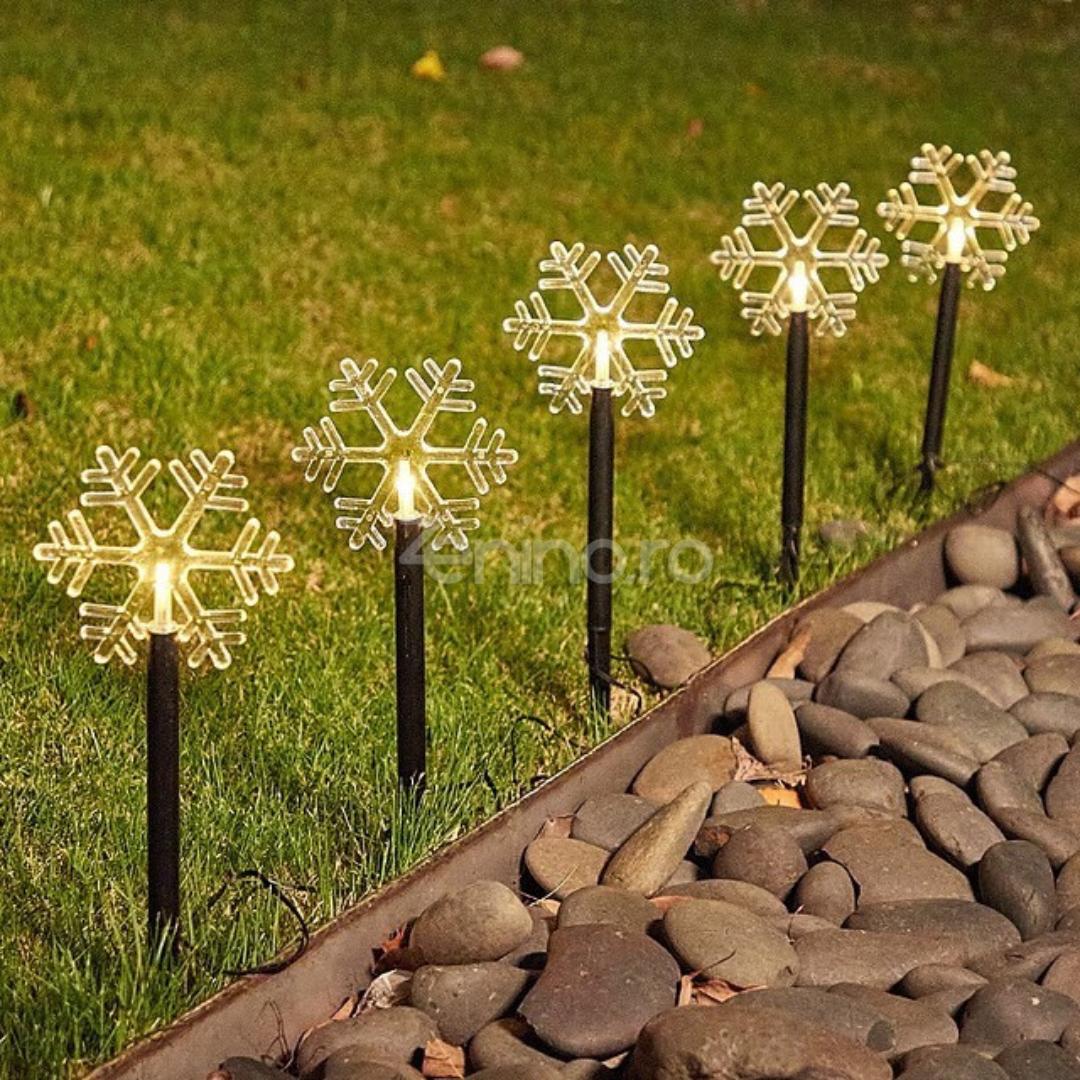 Set of 5 LED Lamps, Snowflake Pattern, Ground Mounting, Stake Type, with Batteries, 35.5cm, Warm White Light