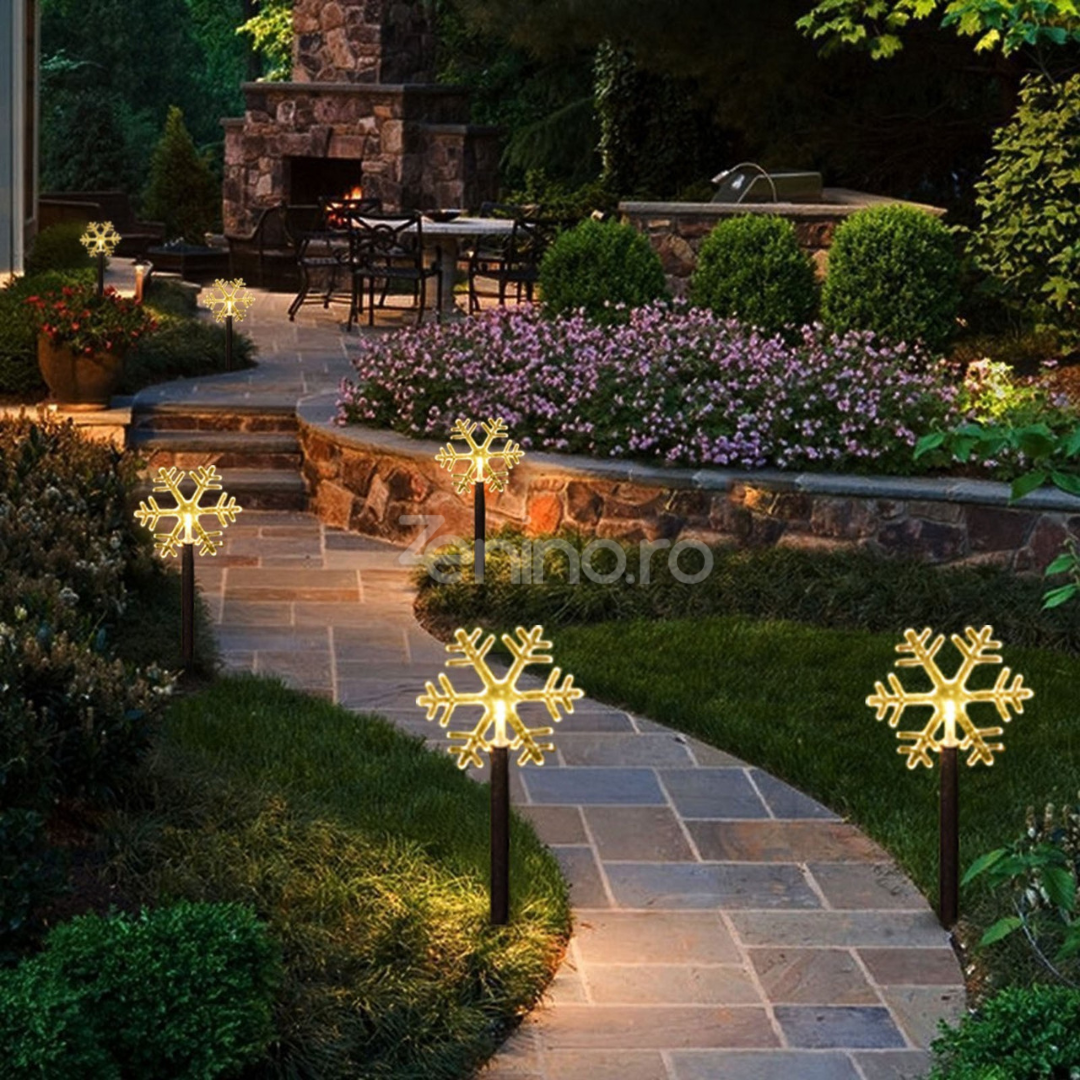 Set of 5 LED Lamps, Snowflake Pattern, Ground Mounting, Stake Type, with Batteries, 35.5cm, Warm White Light