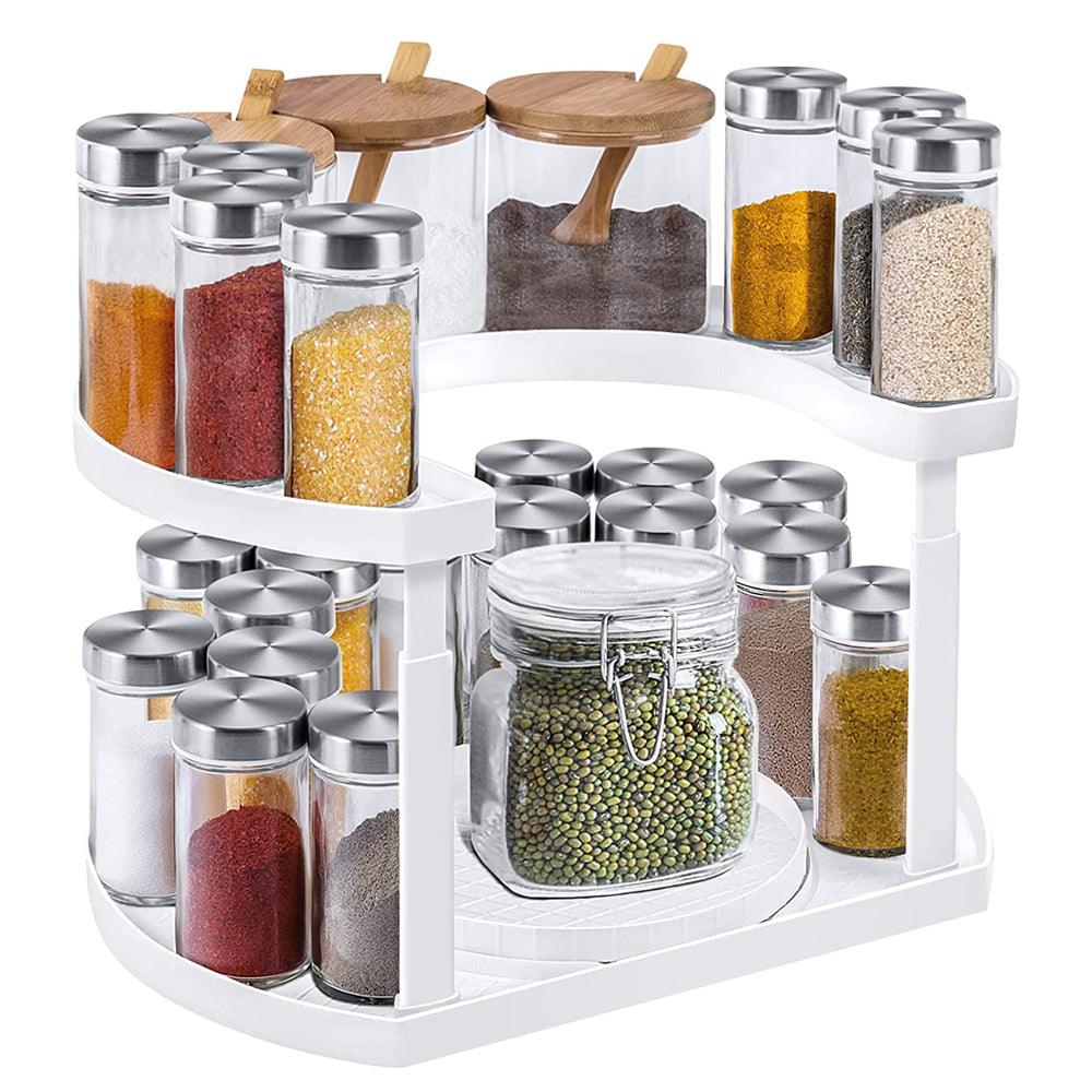 Organizator de Depozitare Condimente, Multifunctional, Ajustabil pe 3 Niveluri, Rotativ, 2 Rafturi, Usor de Montat, Economisire Spatiu, Alb