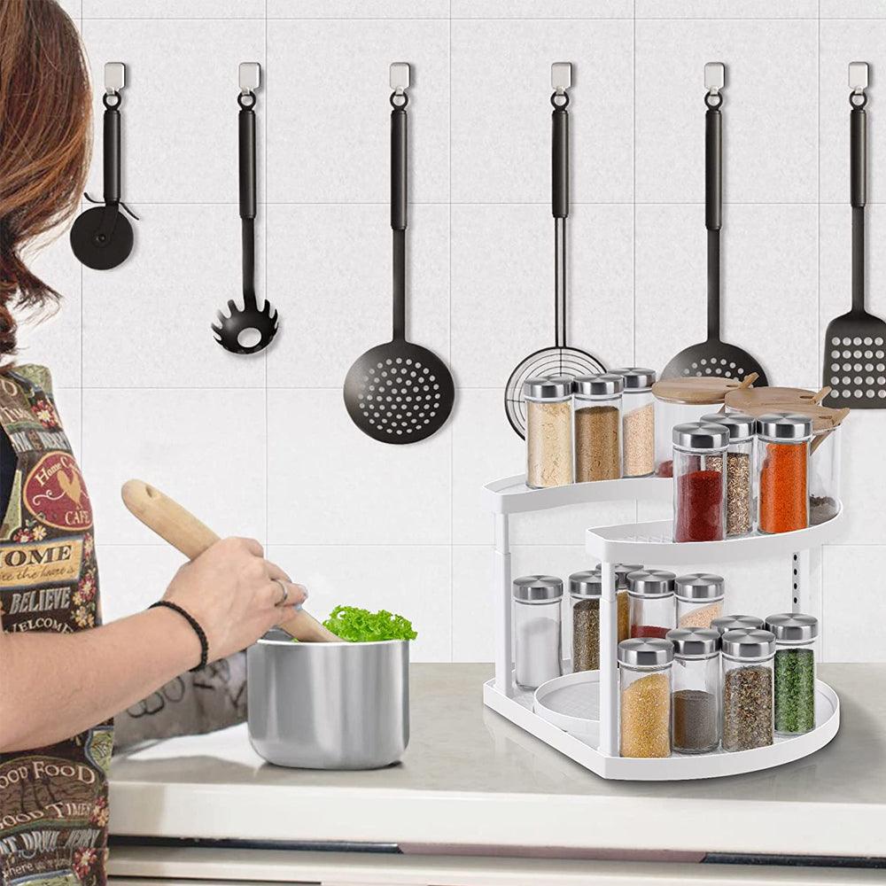 Organizator de Depozitare Condimente, Multifunctional, Ajustabil pe 3 Niveluri, Rotativ, 2 Rafturi, Usor de Montat, Economisire Spatiu, Alb