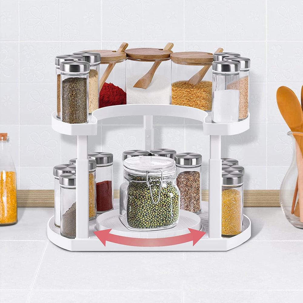 Organizator de Depozitare Condimente, Multifunctional, Ajustabil pe 3 Niveluri, Rotativ, 2 Rafturi, Usor de Montat, Economisire Spatiu, Alb