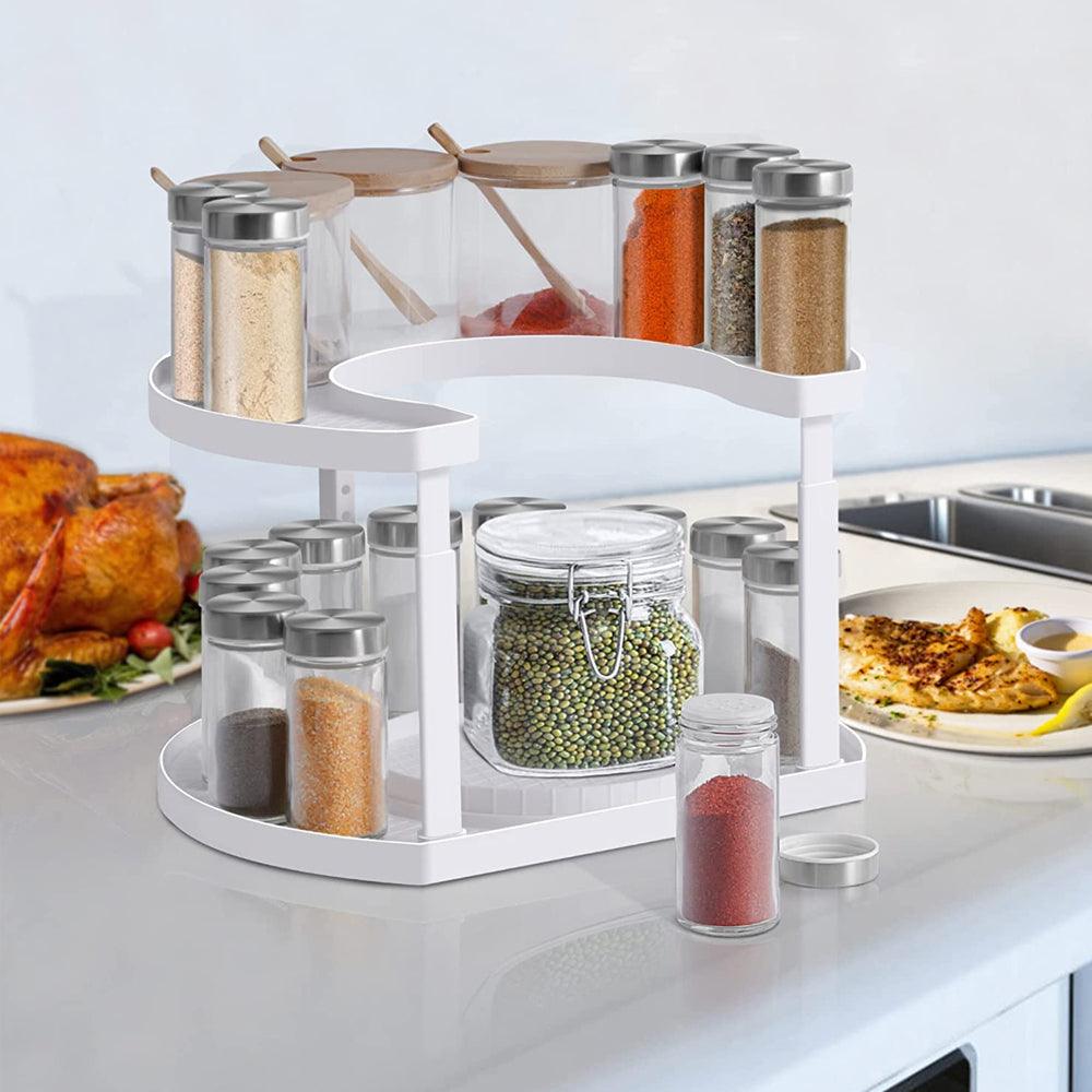 Organizator de Depozitare Condimente, Multifunctional, Ajustabil pe 3 Niveluri, Rotativ, 2 Rafturi, Usor de Montat, Economisire Spatiu, Alb