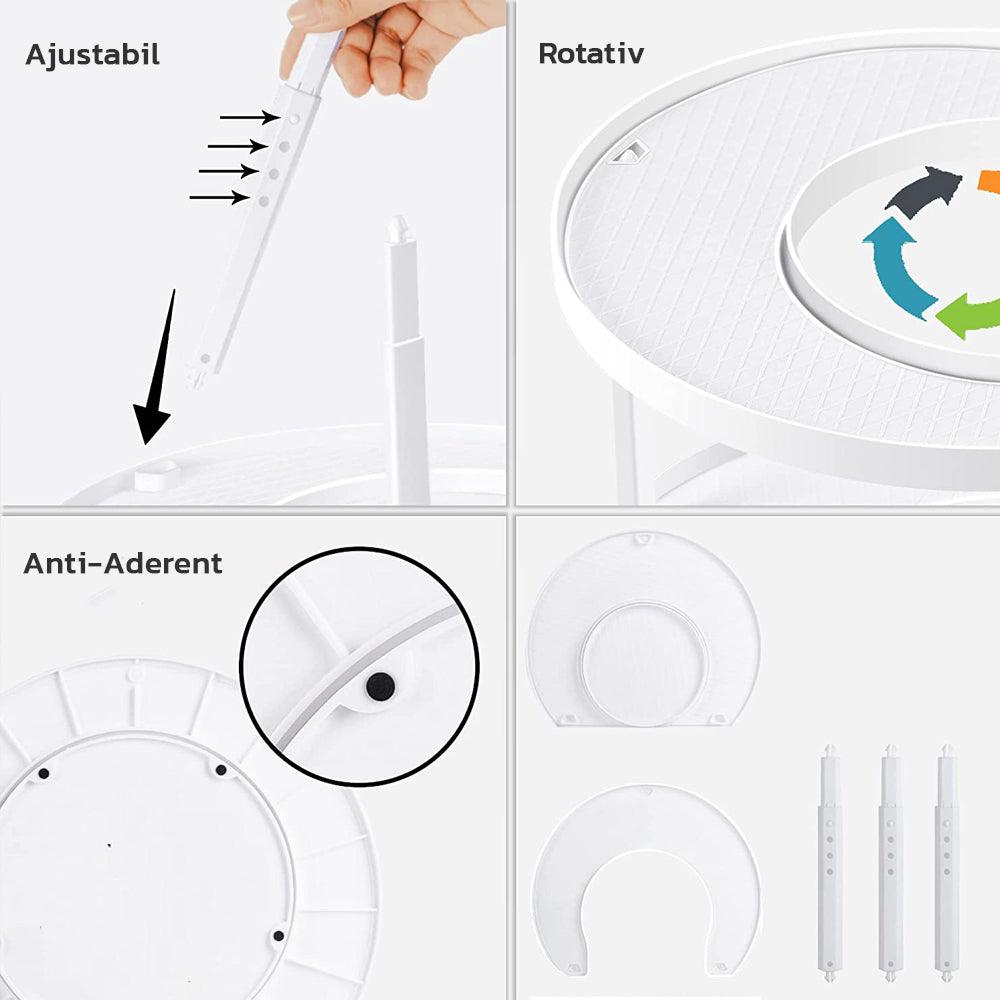 Organizator de Depozitare Condimente, Multifunctional, Ajustabil pe 3 Niveluri, Rotativ, 2 Rafturi, Usor de Montat, Economisire Spatiu, Alb