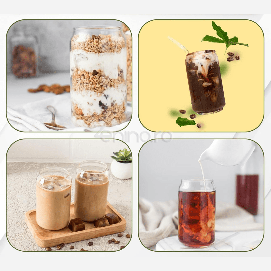 Set 4 Pahare cu Pai, Bauturi Calde si Reci, Tip Doza, Capac din Bambus/Plastic, Perie pentru Curatare, Sticla