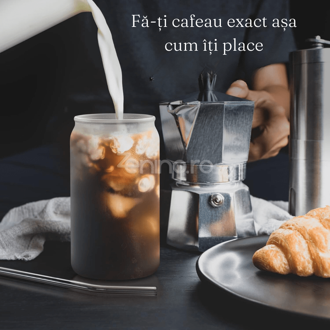 Set 4 Pahare cu Pai, Bauturi Calde si Reci, Tip Doza, Capac din Bambus/Plastic, Perie pentru Curatare, Sticla