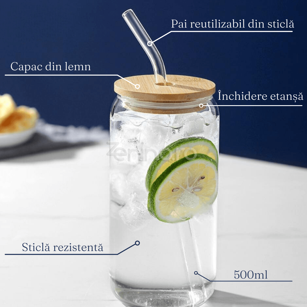 Set 4 Pahare cu Pai, Bauturi Calde si Reci, Tip Doza, Capac din Bambus/Plastic, Perie pentru Curatare, Sticla