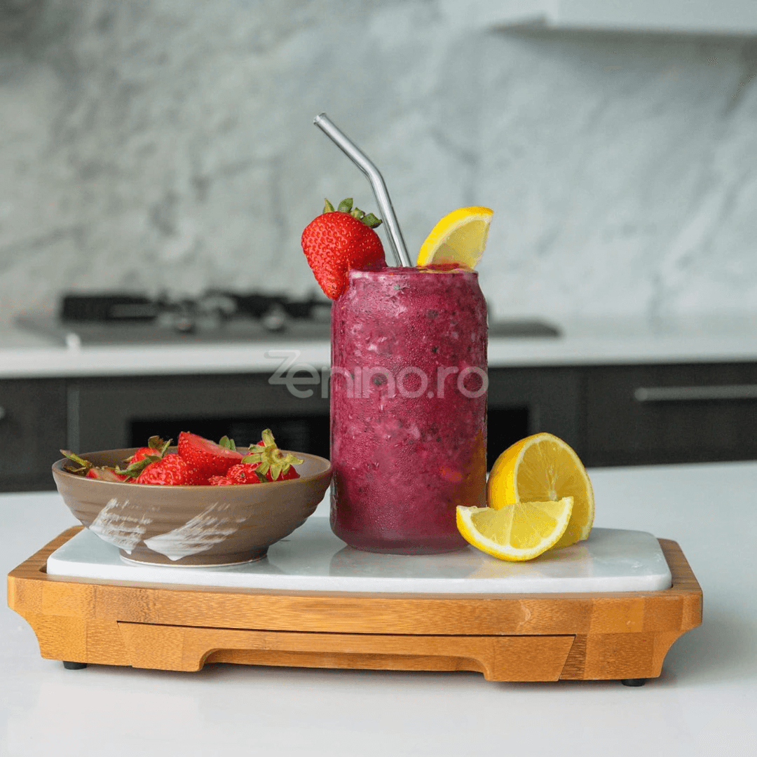 Set 4 Pahare cu Pai, Bauturi Calde si Reci, Tip Doza, Capac din Bambus/Plastic, Perie pentru Curatare, Sticla