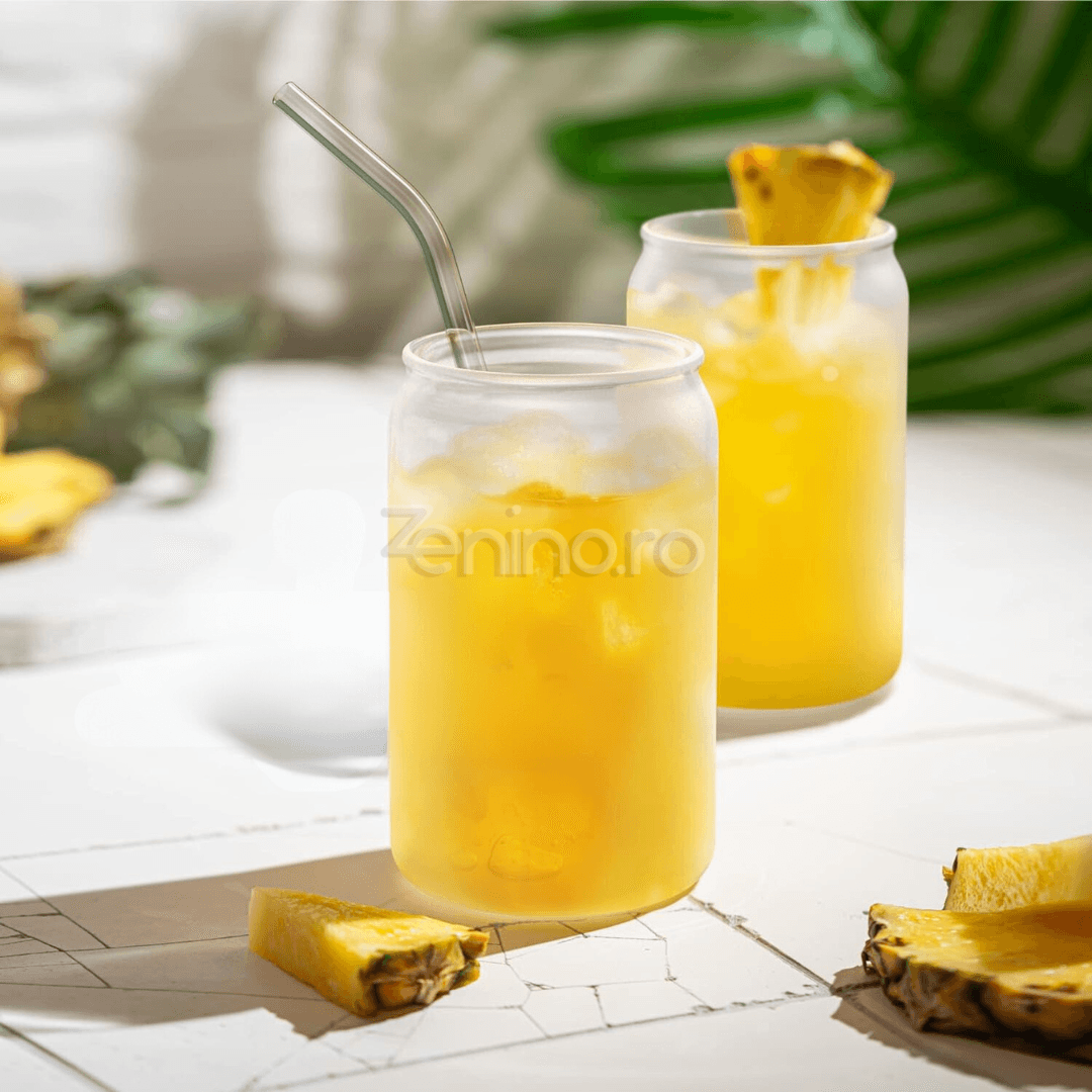 Set 4 Pahare cu Pai, Bauturi Calde si Reci, Tip Doza, Capac din Bambus/Plastic, Perie pentru Curatare, Sticla