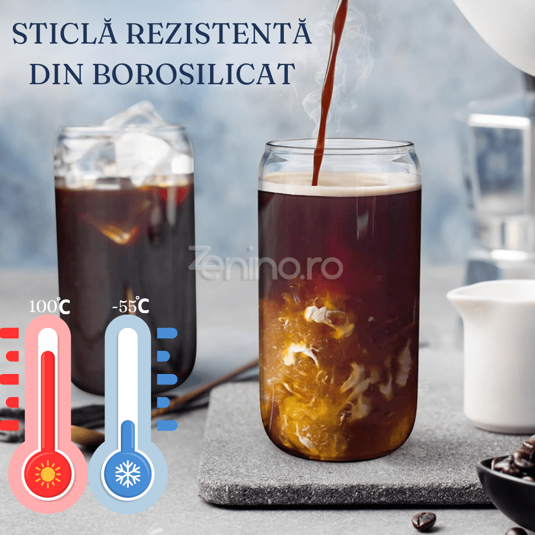 Set 4 Pahare cu Pai, Bauturi Calde si Reci, Tip Doza, Capac din Bambus/Plastic, Perie pentru Curatare, Sticla