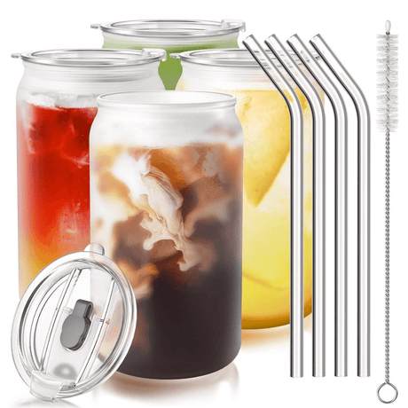 Set 4 Pahare cu Pai, Bauturi Calde si Reci, Tip Doza, Capac din Bambus/Plastic, Perie pentru Curatare, Sticla