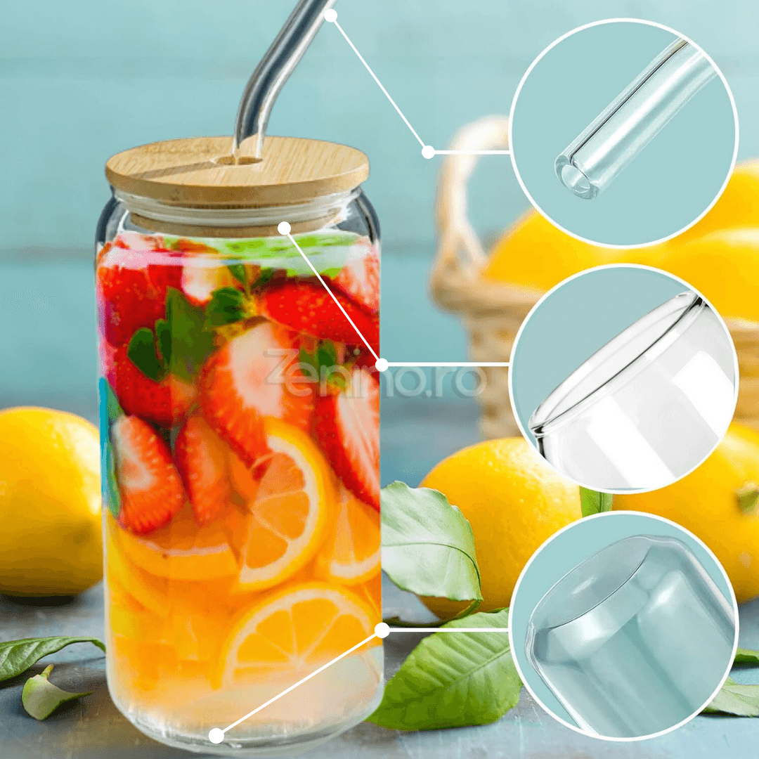 Set 4 Pahare cu Pai, Bauturi Calde si Reci, Tip Doza, Capac din Bambus/Plastic, Perie pentru Curatare, Sticla