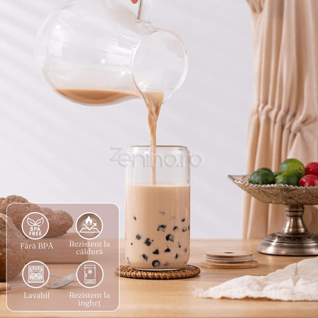 Set 4 Pahare cu Pai, Bauturi Calde si Reci, Tip Doza, Capac din Bambus/Plastic, Perie pentru Curatare, Sticla