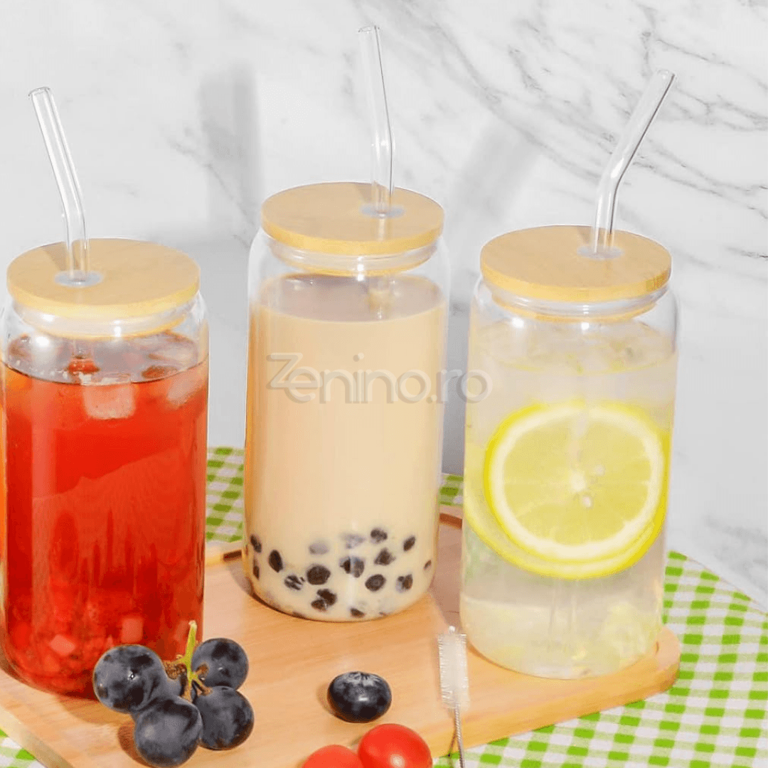 Set 4 Pahare cu Pai, Bauturi Calde si Reci, Tip Doza, Capac din Bambus/Plastic, Perie pentru Curatare, Sticla