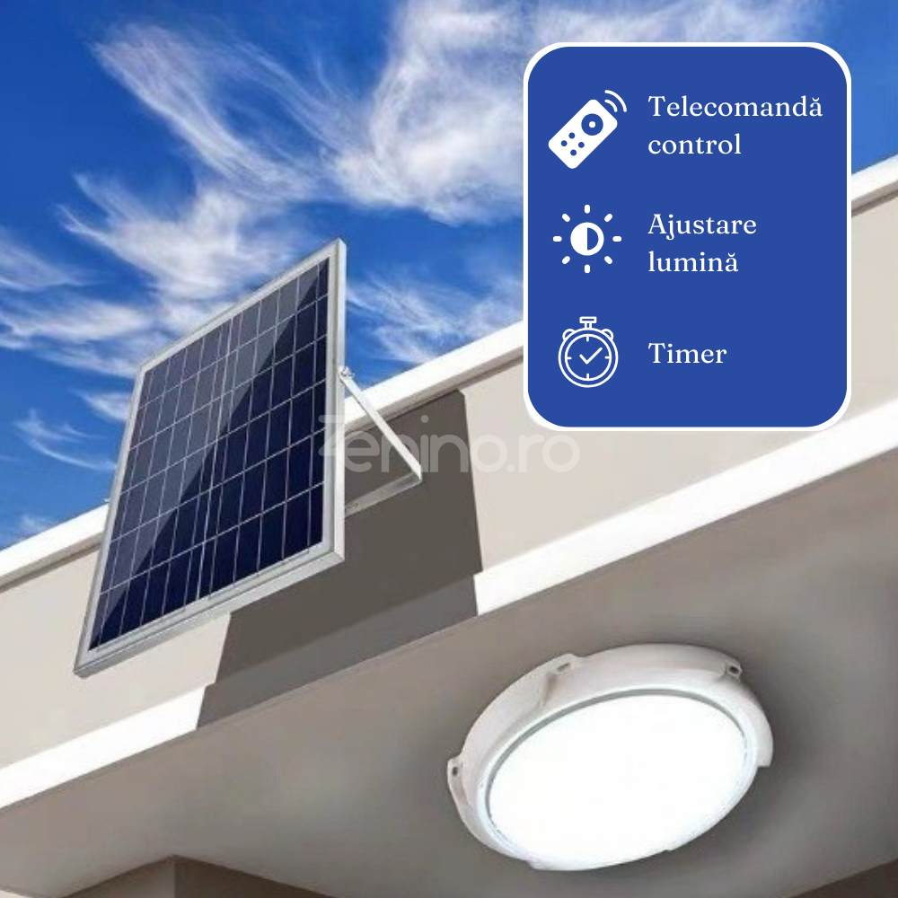 Plafoniera LED, cu Panou Solar, Putere 30W-500W, Telecomanda Control, Senzor de Miscare, PVC, Lumina Alb Rece