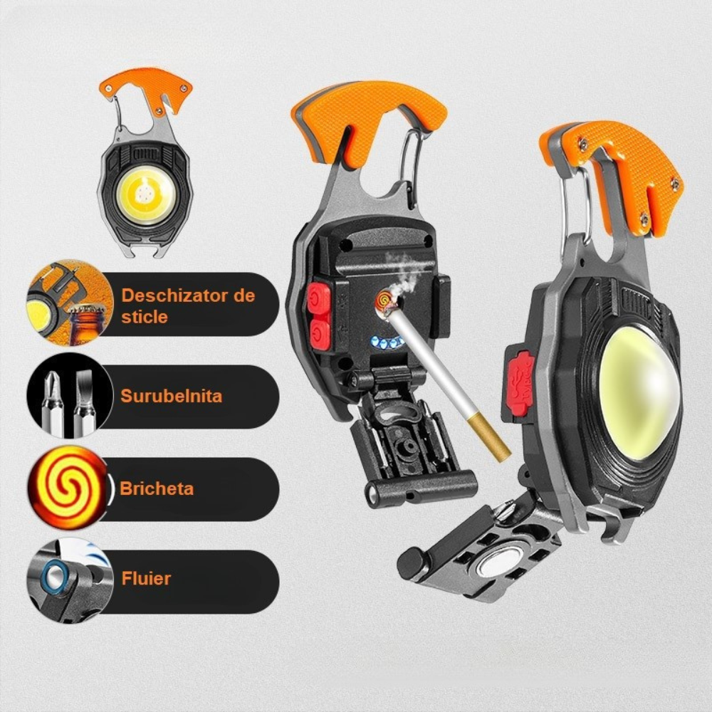 Многофункционален ключодържател, фенерче, запалка, отвертка, отварачка за капачки, черен
