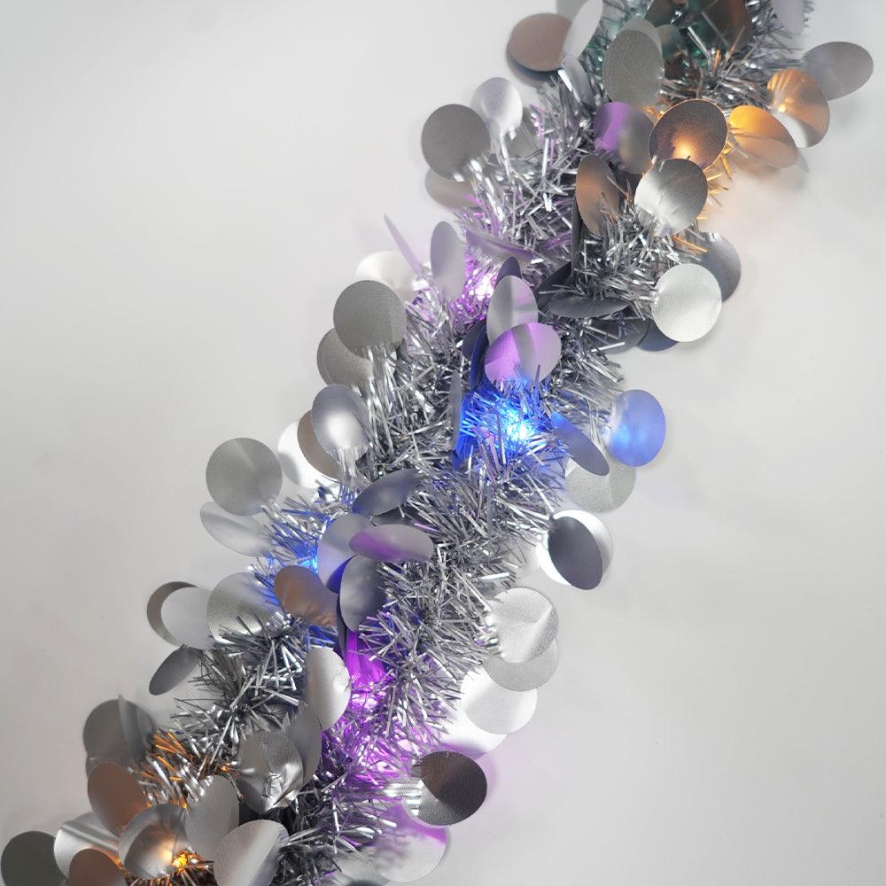 Коледна лъскава украса, с LED светлини, кръгъл мотив, 2 м x 5 см, синя, сребриста, златна
