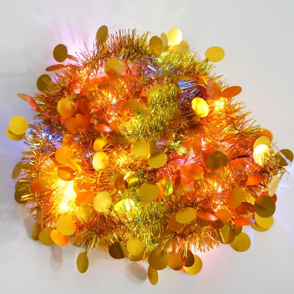 Коледна лъскава украса, с LED светлини, кръгъл мотив, 2 м x 5 см, синя, сребриста, златна