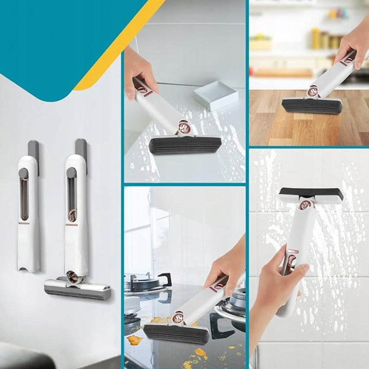 Mini Mop Portabil, cu Sistem de Stoarcere, Burete Absorbant, Compact, 29.5 x 15.5 CM, Alb