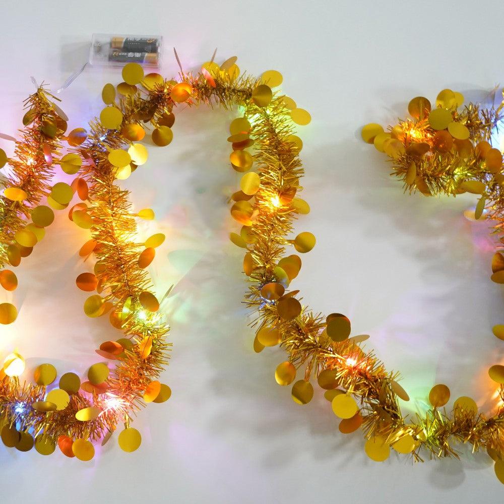 Коледна лъскава украса, с LED светлини, кръгъл мотив, 2 м x 5 см, синя, сребриста, златна