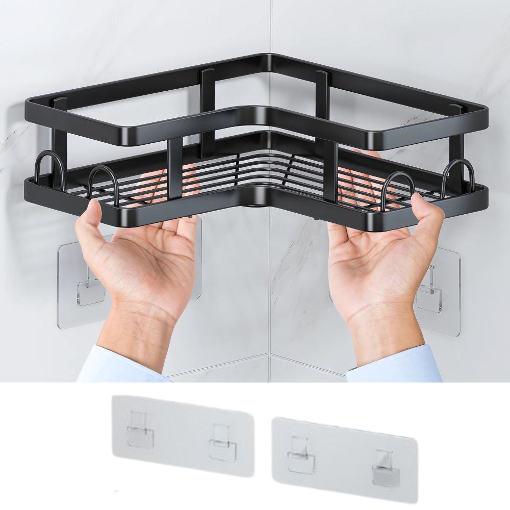 Комплект от 5 рафта за съхранение, Ъглови рафтове, Организация, Закрепване с лепяща лента, Баня/Кухня, Металик