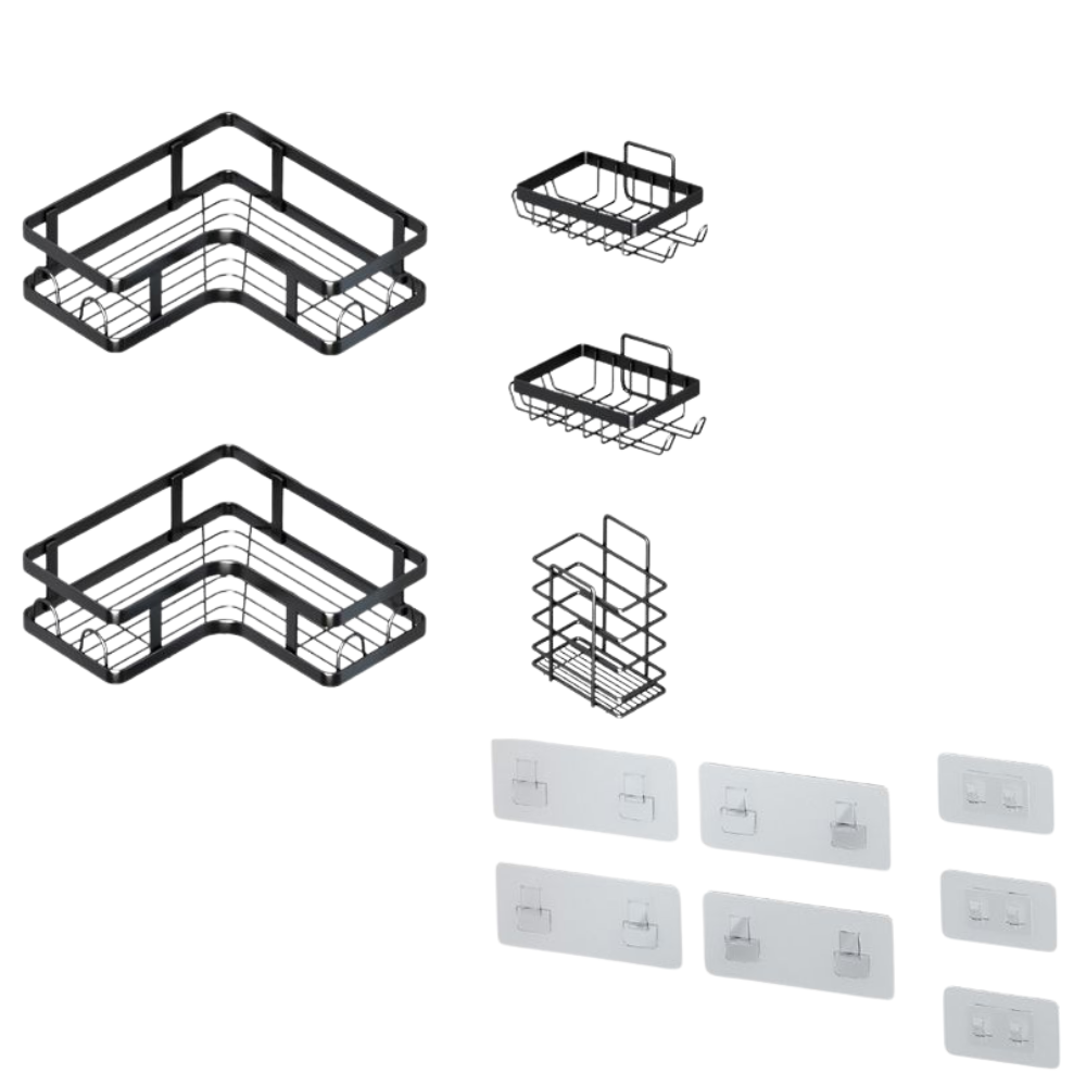 Комплект от 5 рафта за съхранение, Ъглови рафтове, Организация, Закрепване с лепяща лента, Баня/Кухня, Металик