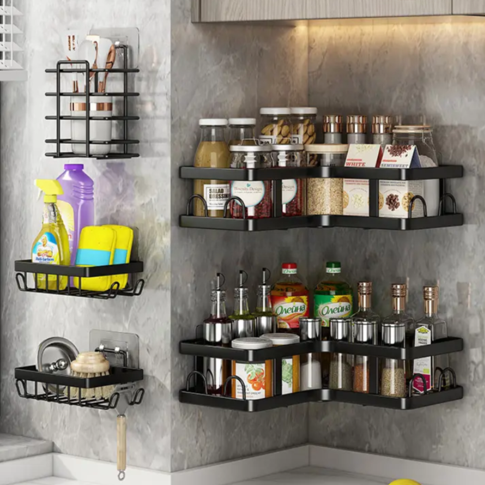 Set of 5 Storage Shelves, Corner Shelves, Organization, Fixing with Adhesive Tape, Bathroom/Kitchen, Metallic